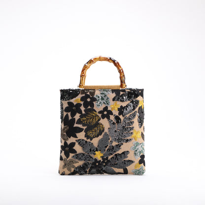 New Embroidered Sequin Bamboo Handle Evening Bag