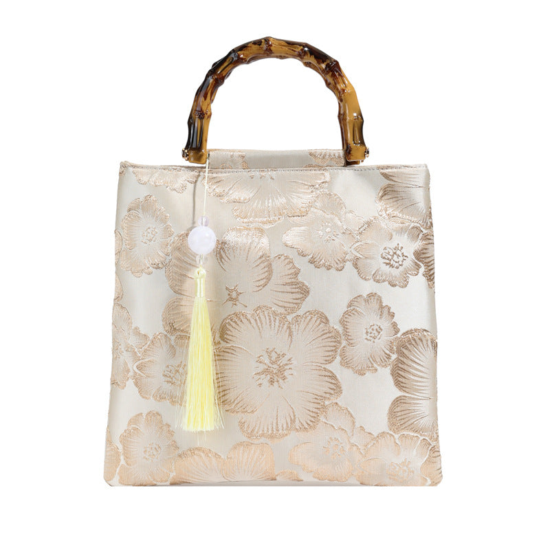 New Embroidered Sequin Bamboo Handle Evening Bag