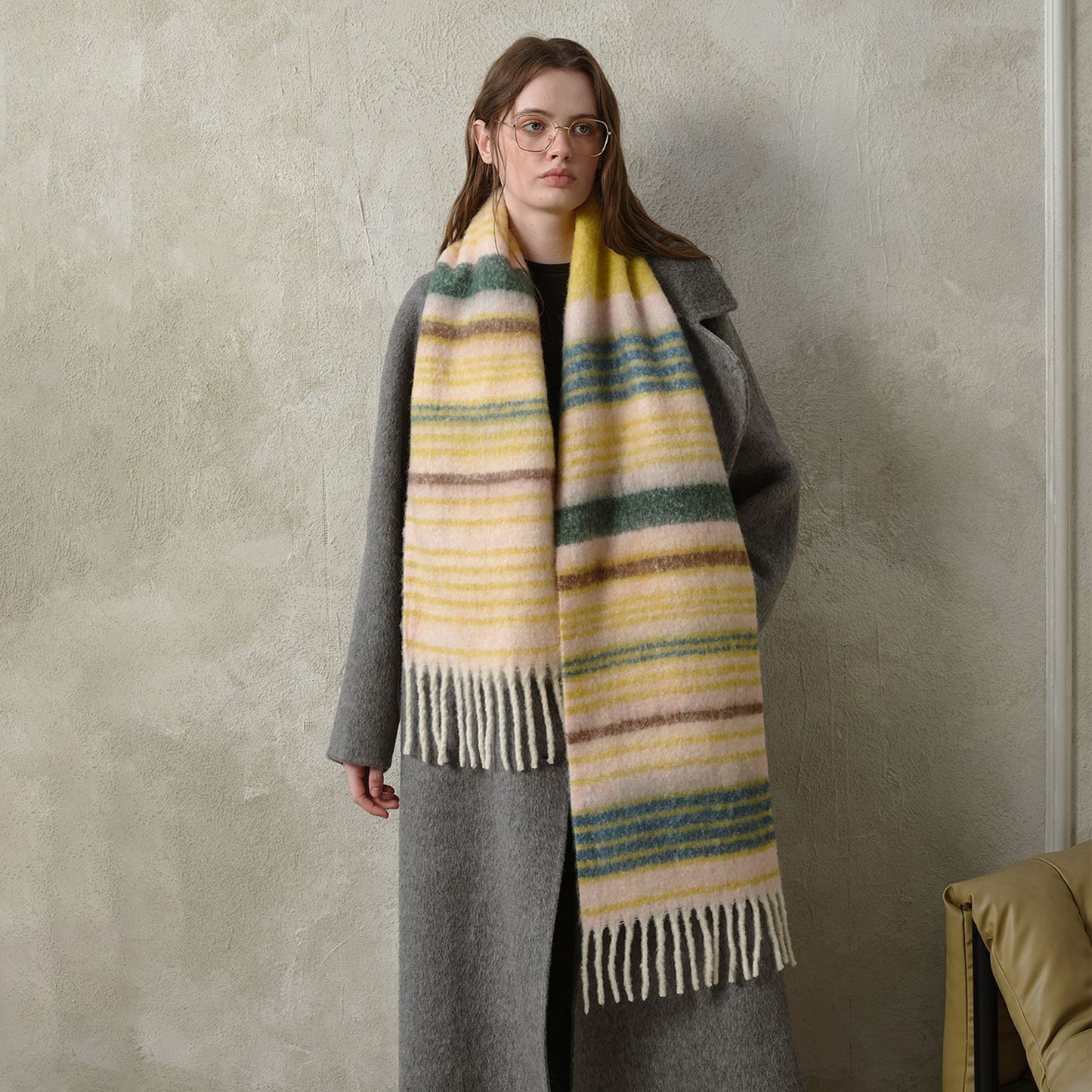 Designer Wool Blend Saturn Stripe Scarf Thickened Cashmere Feel Winter Scarf