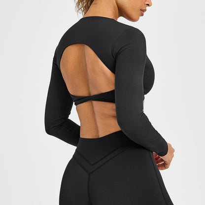 Women's Hollow Long Sleeve Yoga Top with Built-In Bra - Moisture-Wicking Fitness Tee