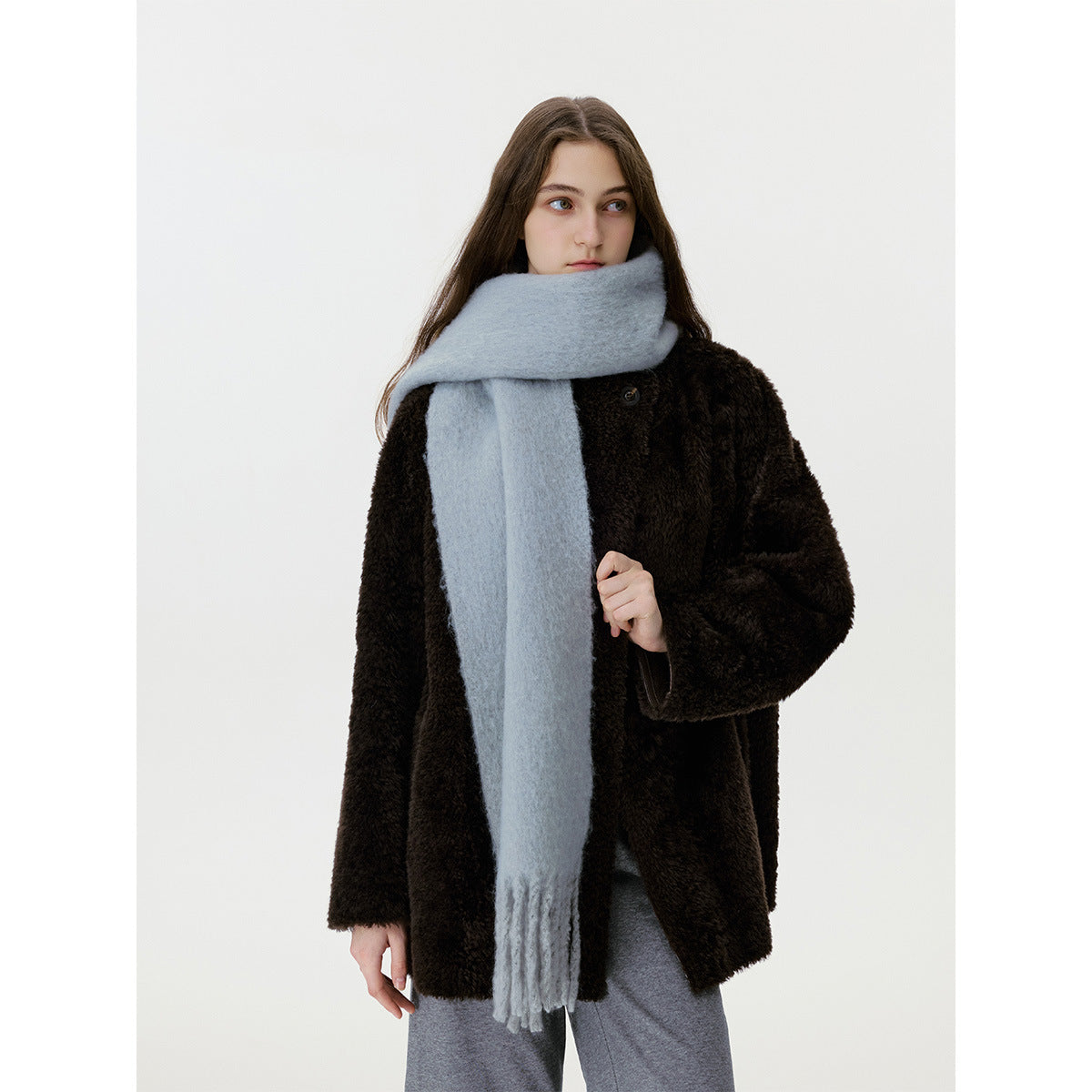 Solid Color Wool Blend Fringe Scarf for Women