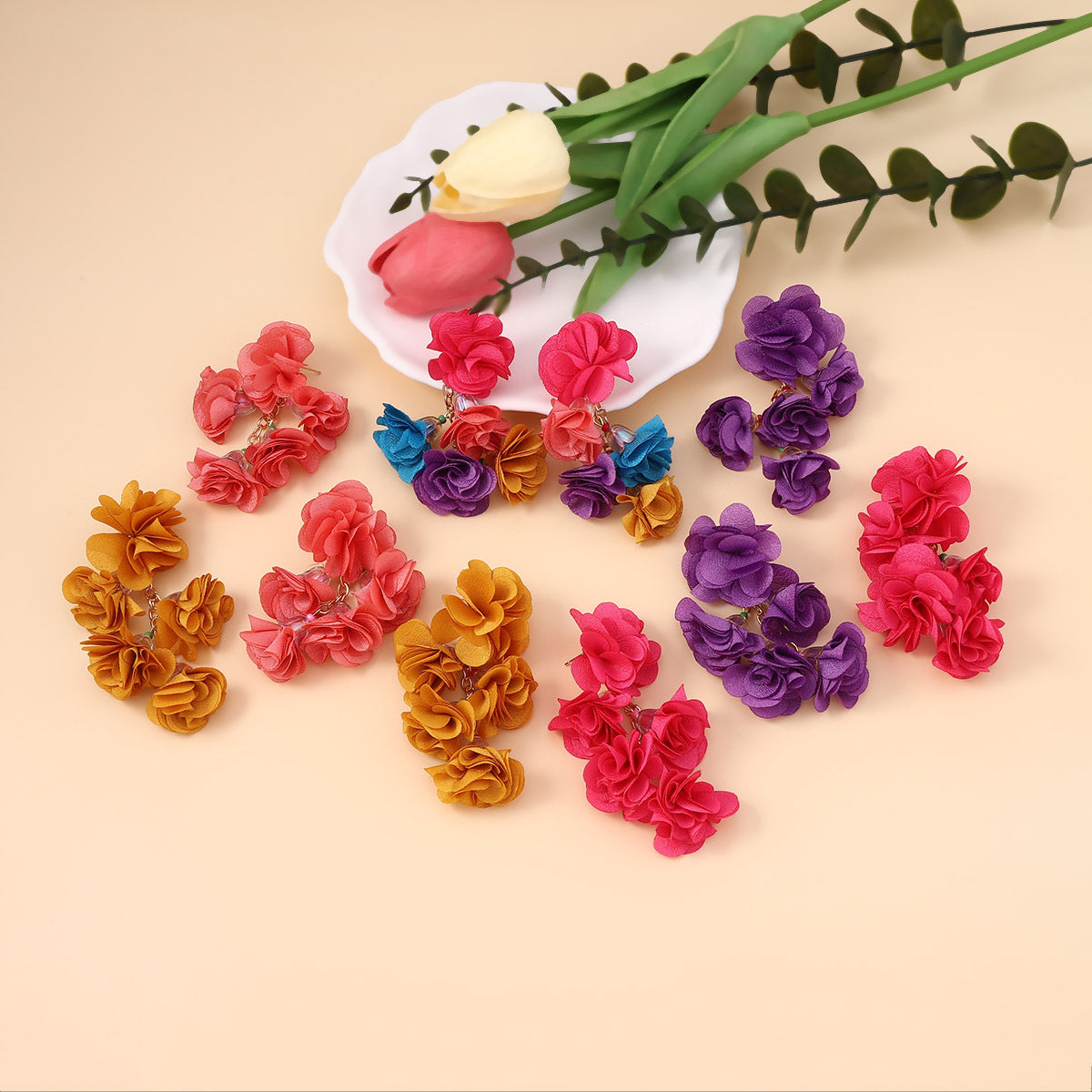 Earrings Bohemian Floral Fabric Chain Lightweight Resort