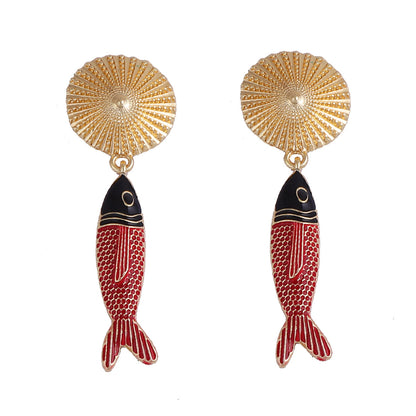 Round Fish Pendant Earrings Vintage Colorful Luxe Chic