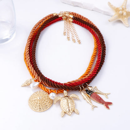 Braided Rope Necklace Ocean Animal Pendant Layered