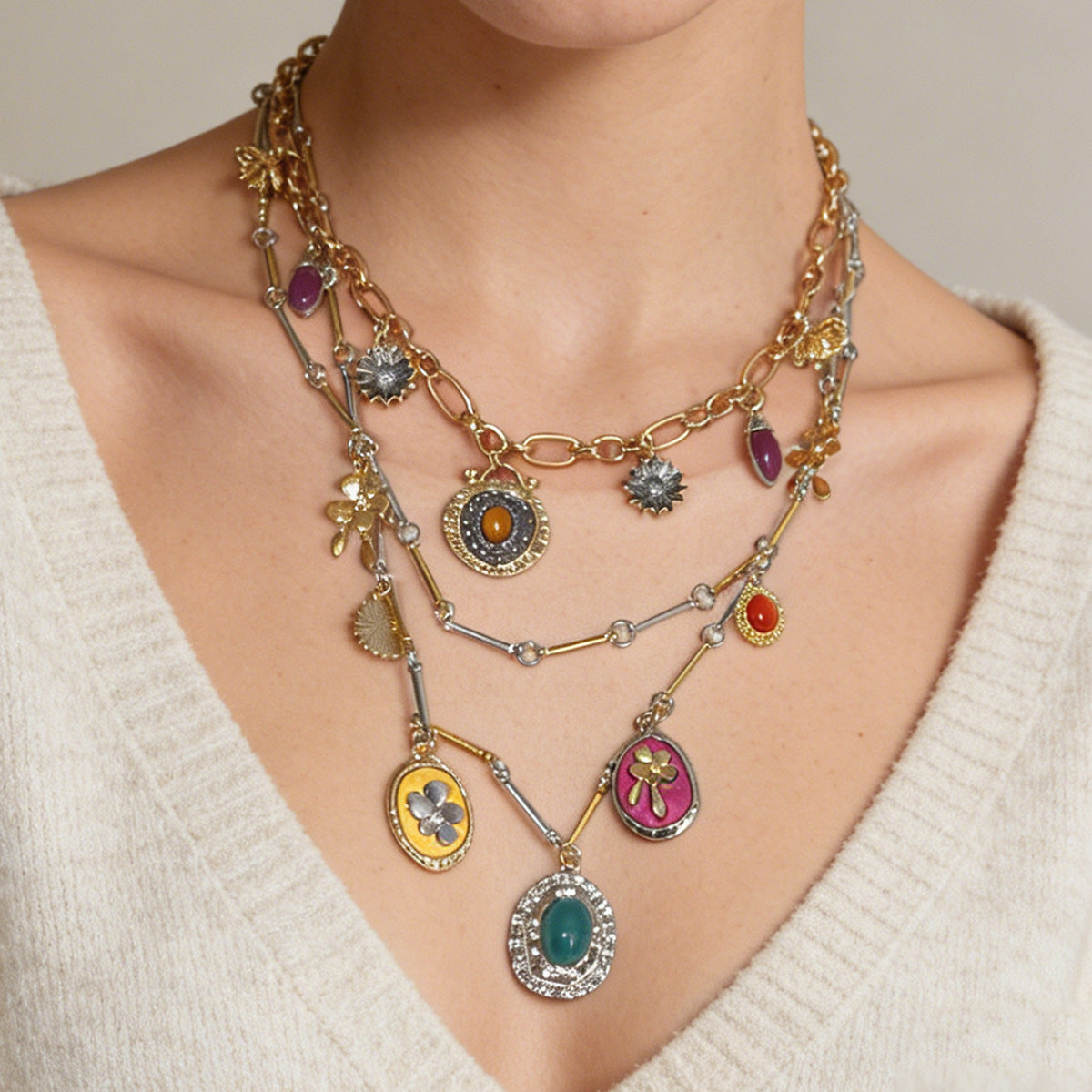 Layered Geometric Bow Pendant Necklace Vintage Boho