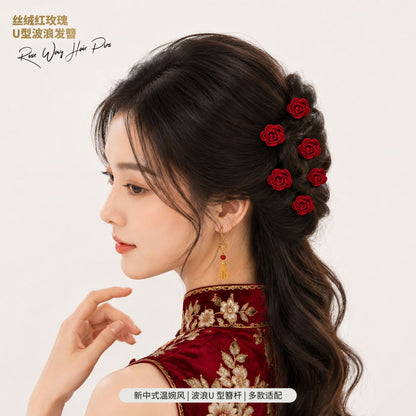 Red Rose U-Shaped Hairpin Set for Traditional Chinese Dress