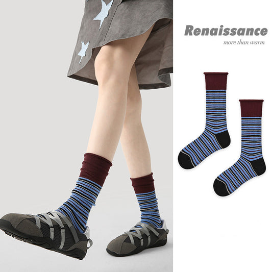 Mid Calf Colorblock Cotton Blend Socks Retro Casual