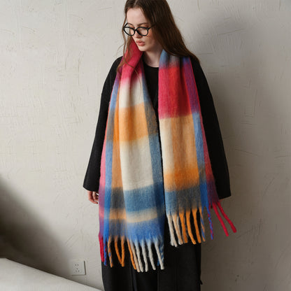 Thick Warm Plaid Oversized Scarf with Fringe