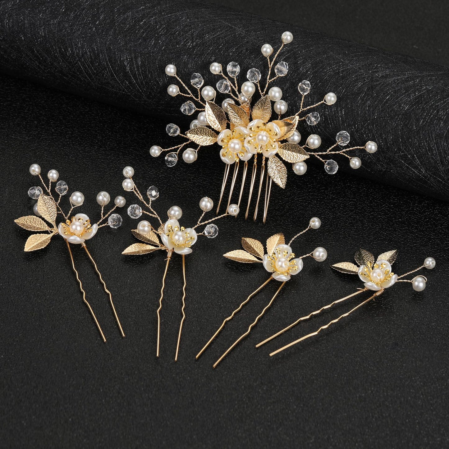 5 Piece Vintage Bridal Hair Clip Set with Pearls and Gold Leaves