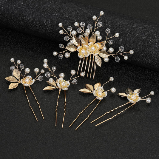 5 Piece Vintage Bridal Hair Clip Set with Pearls and Gold Leaves