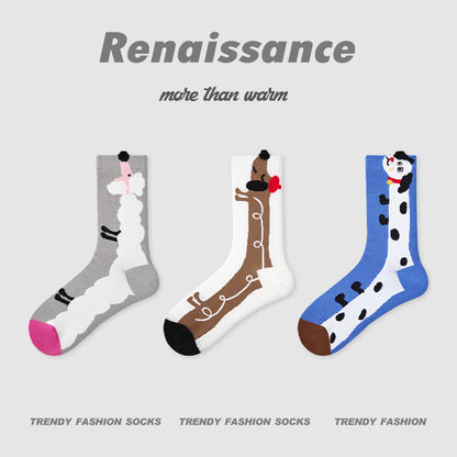 Socks Colorblock Dog Stripe Combed Cotton Mid Calf
