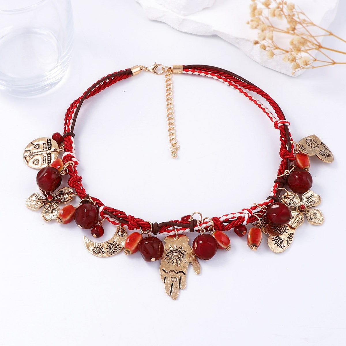 Necklace Bohemian Braided Red Cord Alloy Pendant Casual