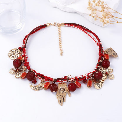 Necklace Bohemian Braided Red Cord Alloy Pendant Casual