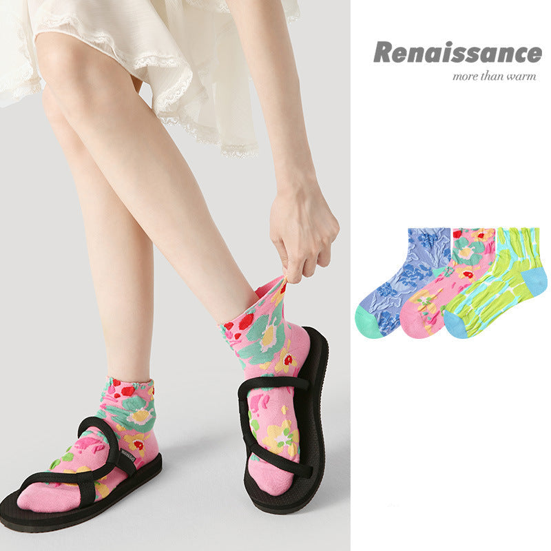 Socks Embossed Floral Combed Cotton Seamless Toe Casual