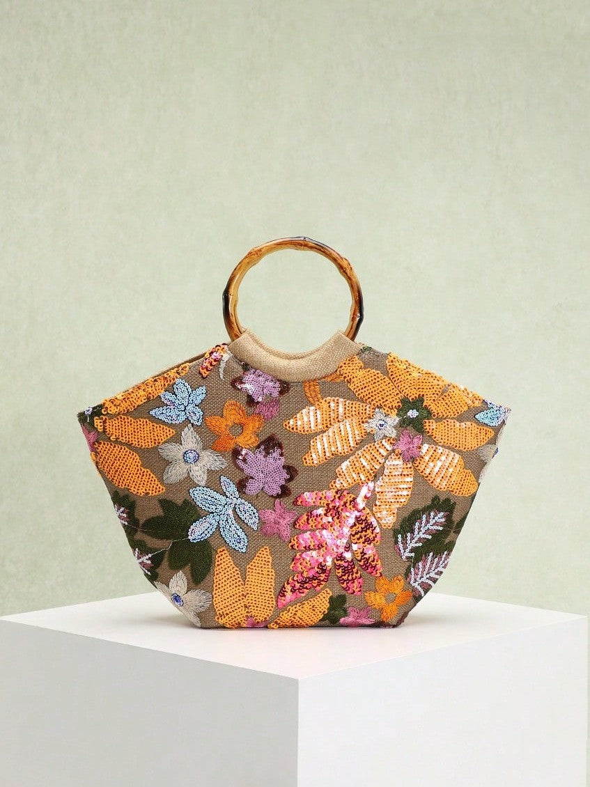 Elegant Seaside Embroidered Floral Tote Bag