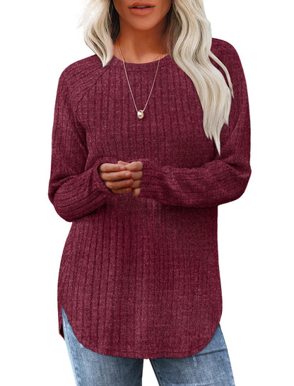 Loose Fit Round Neck Top with High-Low Hem
