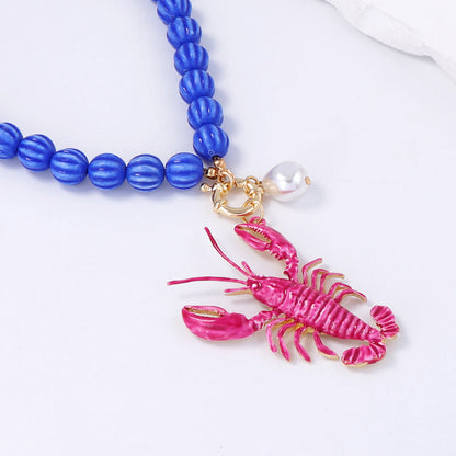 Necklace Lobster Charm Beaded Gold Tone Alloy Beach