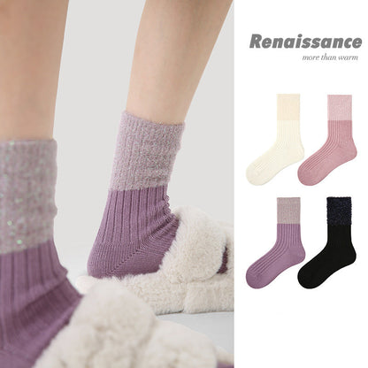 Cozy Mid Calf Colorblock Cotton Faux Mink Socks