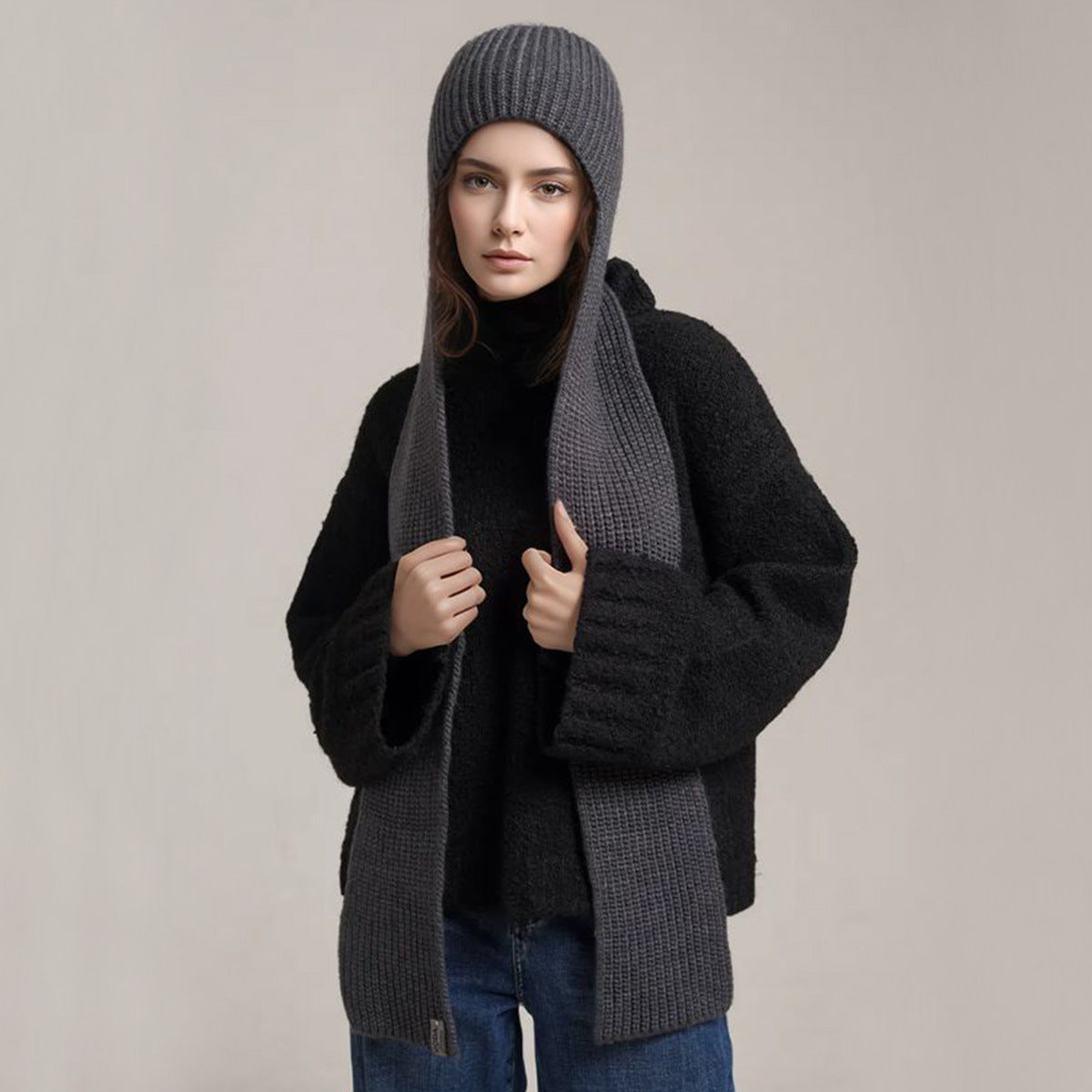 Unisex Knitted Hooded Scarf with Pockets - Stylish and Warm for Fall and Winter