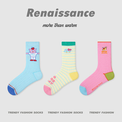 Socks Colorblock Dog Stripe Combed Cotton Mid Calf