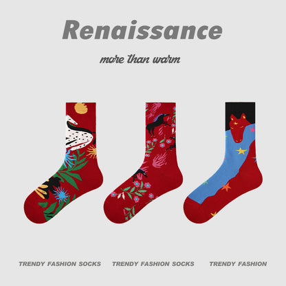 Mid-Calf Horse Motif Combed Cotton Socks