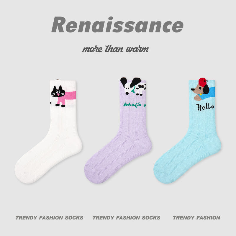 Socks Colorblock Dog Stripe Combed Cotton Mid Calf