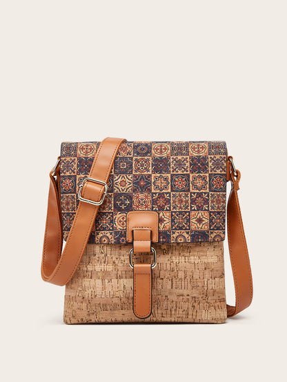 Trendy Retro Print Cork Shoulder Bag