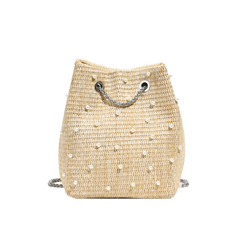 Trendy Woven Bucket Bag with Pearl and Rhinestone Detail