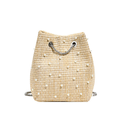 Trendy Woven Bucket Bag with Pearl and Rhinestone Detail