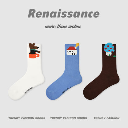 Butterfly Floral Combed Cotton Mid Calf Socks