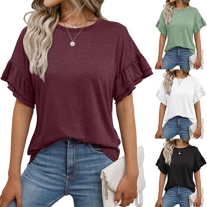 Solid Color Ruffle Sleeve T-Shirt for Women