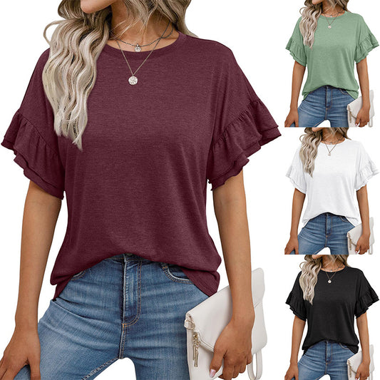 Solid Color Ruffle Sleeve T-Shirt for Women