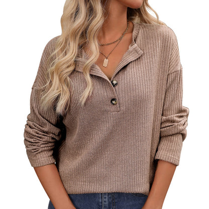 Casual Long Sleeve Button T-Shirt with Ribbed Texture