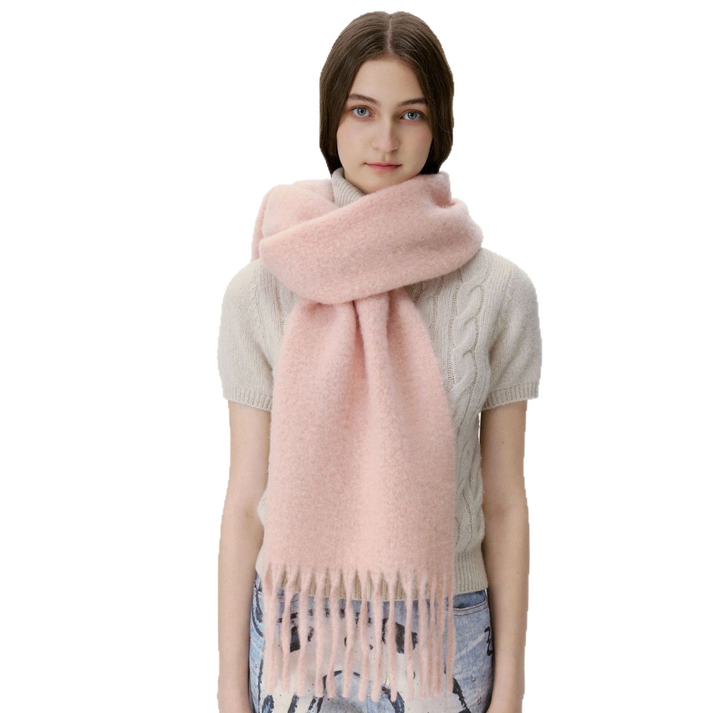 Solid Color Wool Scarf with Fringe - Stylish and Cozy