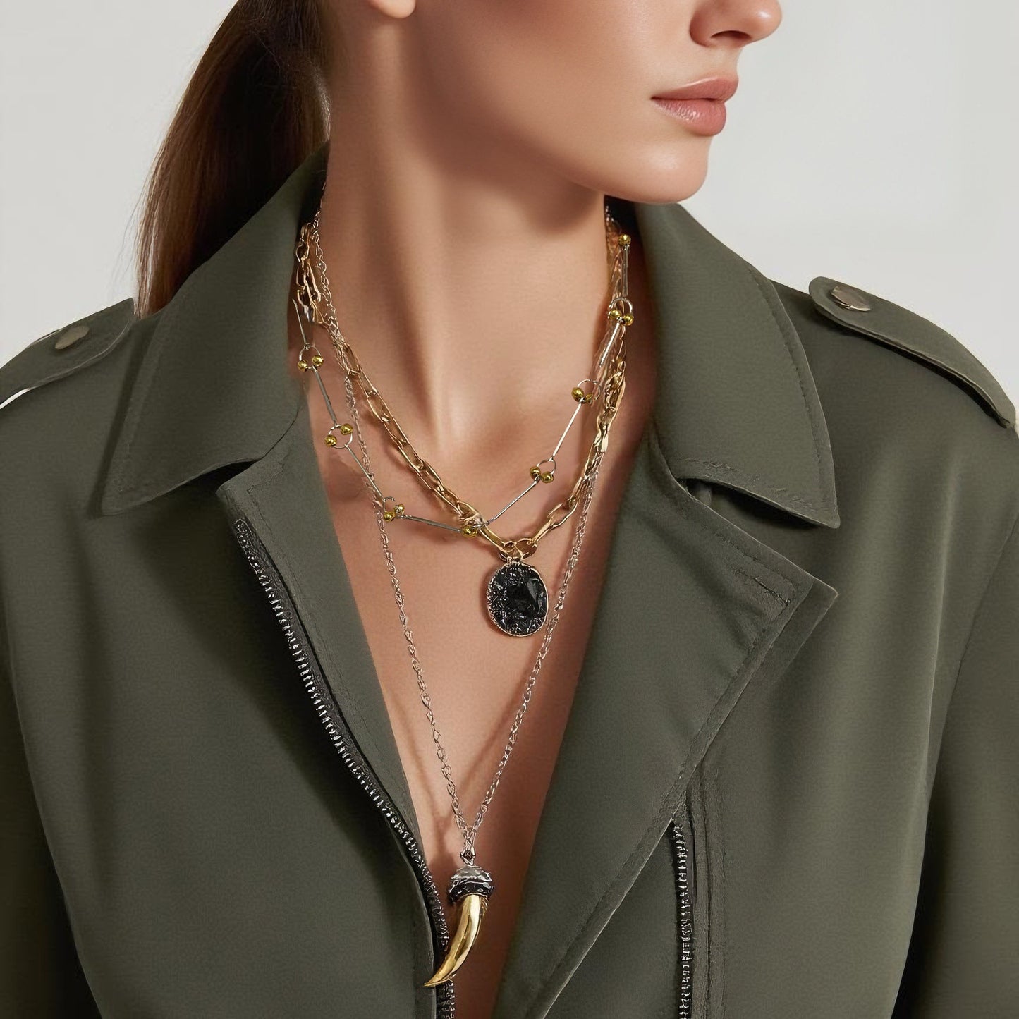 Layered Antler Pendant Necklace Geometric Casual