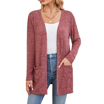 Casual Solid Color Long Sleeve Cardigan with Pockets