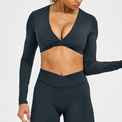 Women's Hollow Long Sleeve Yoga Top with Built-In Bra - Moisture-Wicking Fitness Tee