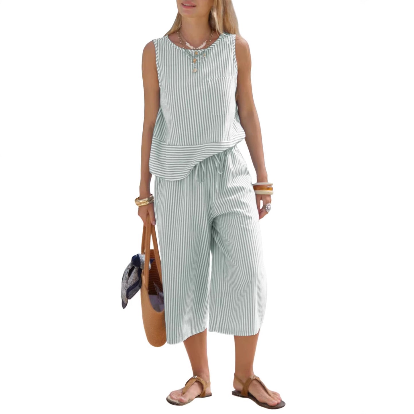 Striped Sleeveless Two-Piece Set for Women