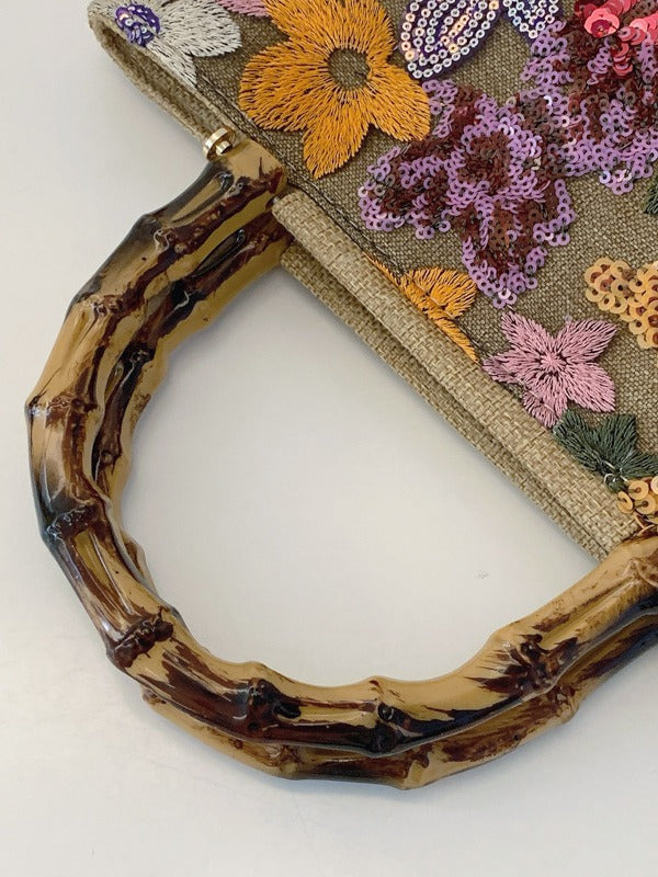 New Embroidered Sequin Bamboo Handle Evening Bag