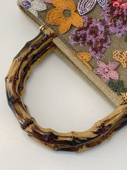 New Embroidered Sequin Bamboo Handle Evening Bag