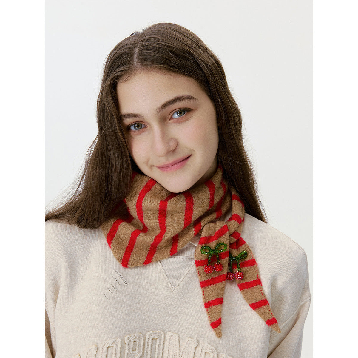 Triangular Wool Knit Scarf with Stripes for Women
