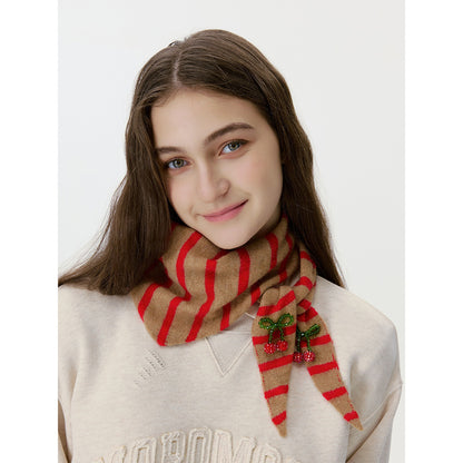Triangular Wool Knit Scarf with Stripes for Women