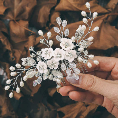 Handmade White Pearl Flower Hair Comb with Gems
