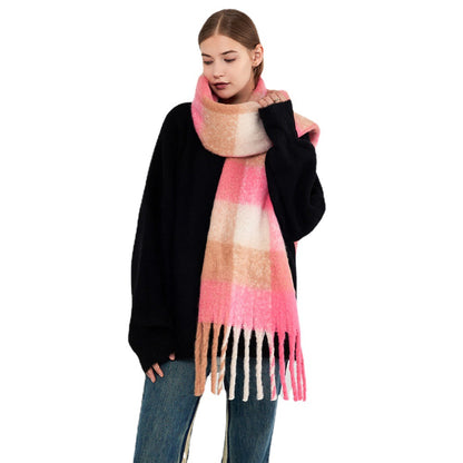 Plaid Fringed Scarf Warm Long Wrap for Women