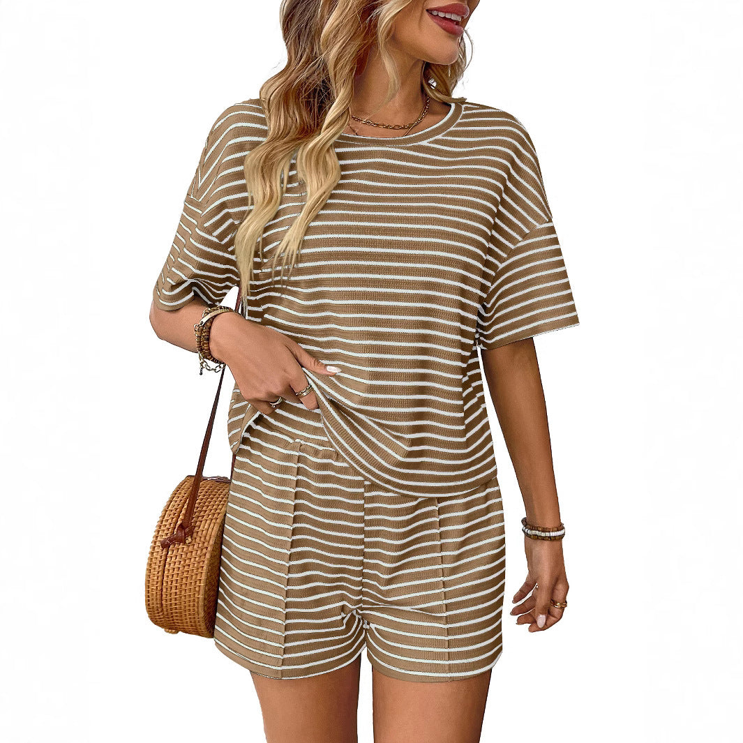 Trendy Casual Knitted Striped Shorts Sports Set for Women