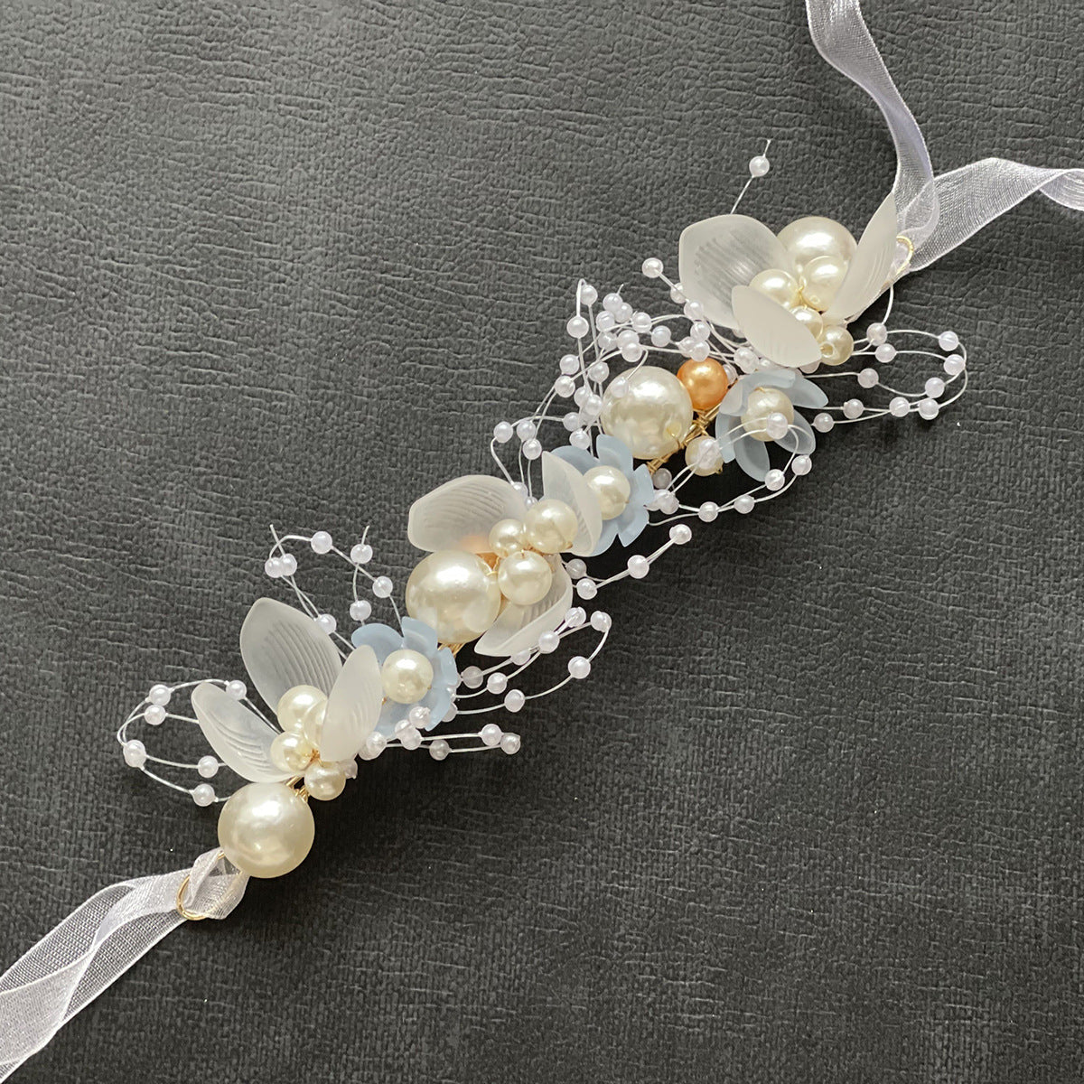 Pearl Handcrafted Wrist Flower and Headband Bridal Set