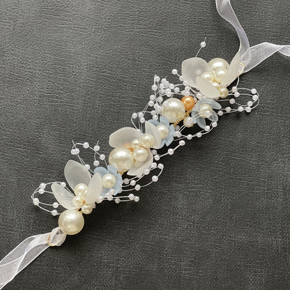 Pearl Handcrafted Wrist Flower and Headband Bridal Set