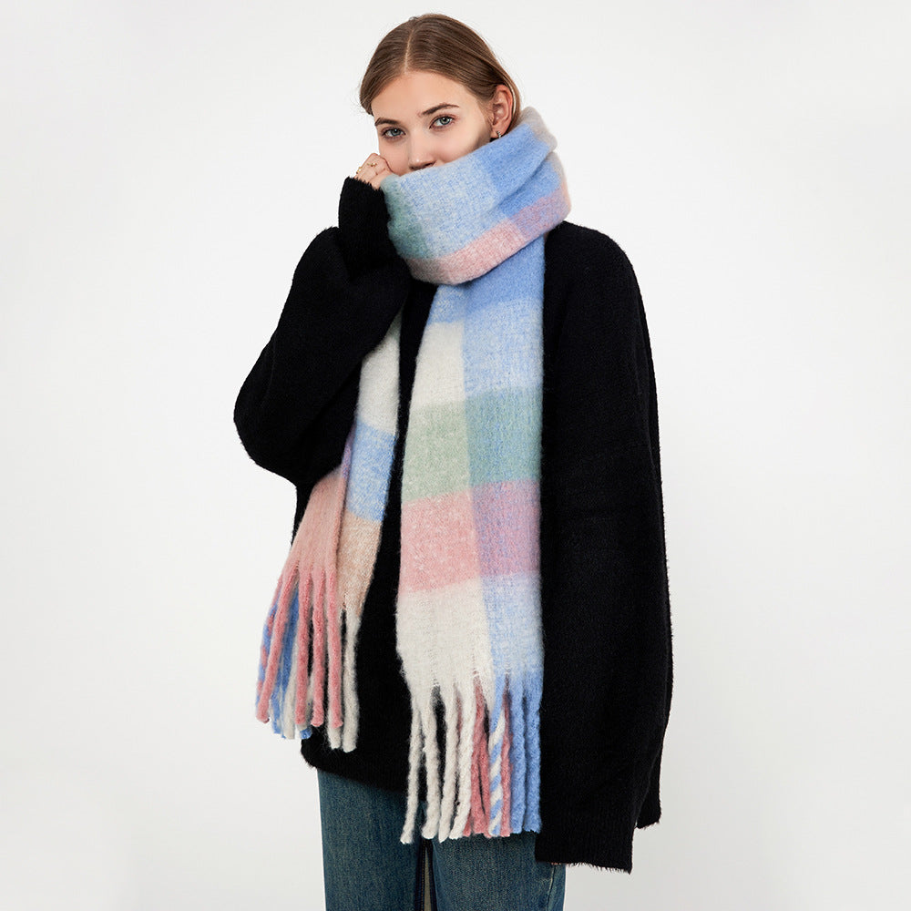 Plaid Fringed Scarf Warm Long Wrap for Women