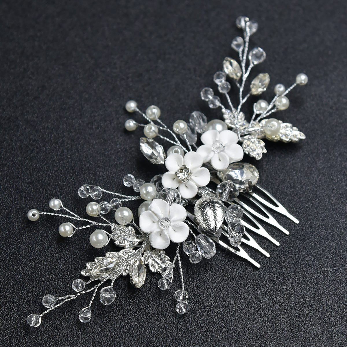 White Handmade Floral Crystal Beaded Bridal Hairpiece