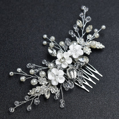 White Handmade Floral Crystal Beaded Bridal Hairpiece
